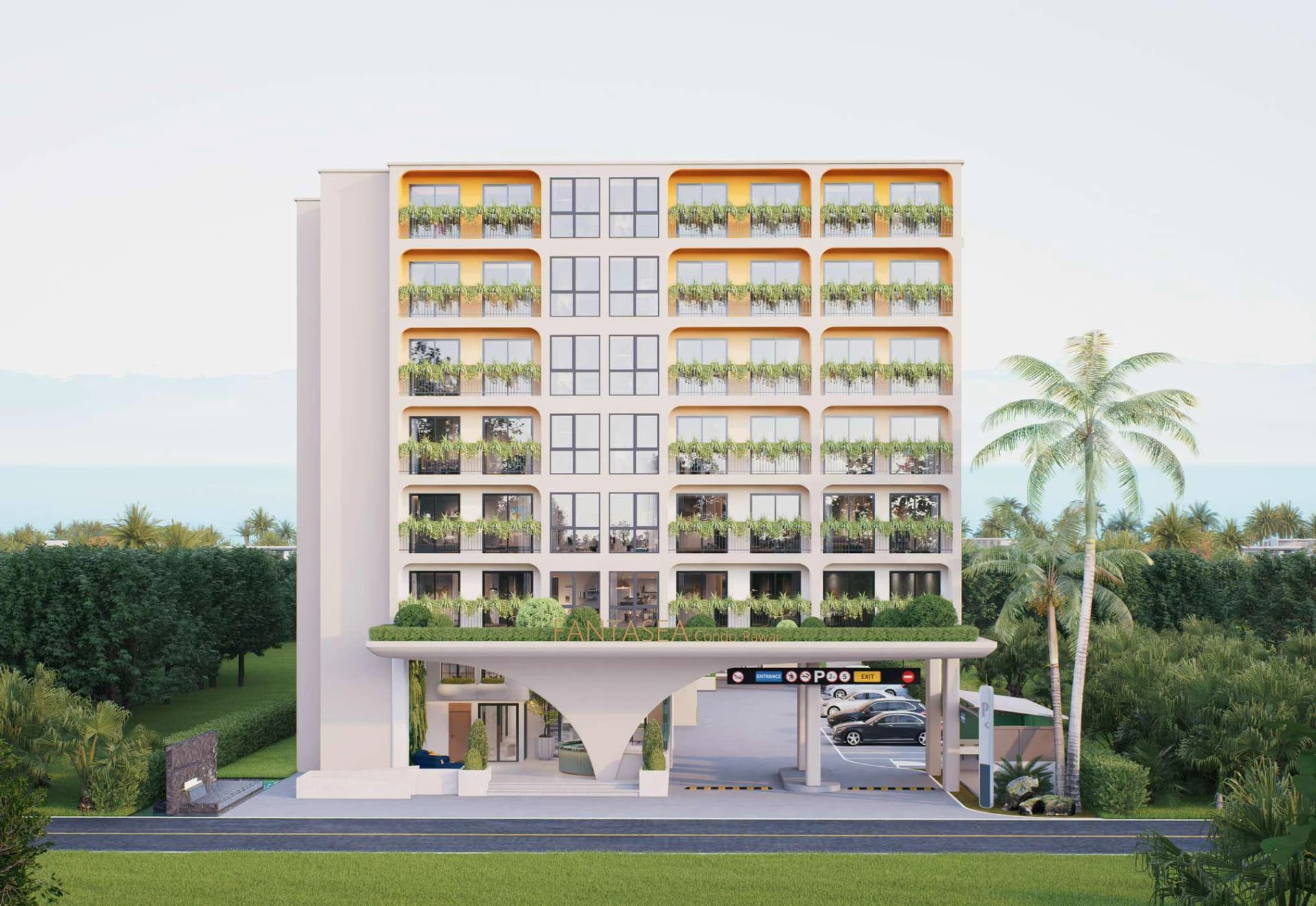 Front of Building A: planted balconies, orange accent panels and the arch over the parking entrance