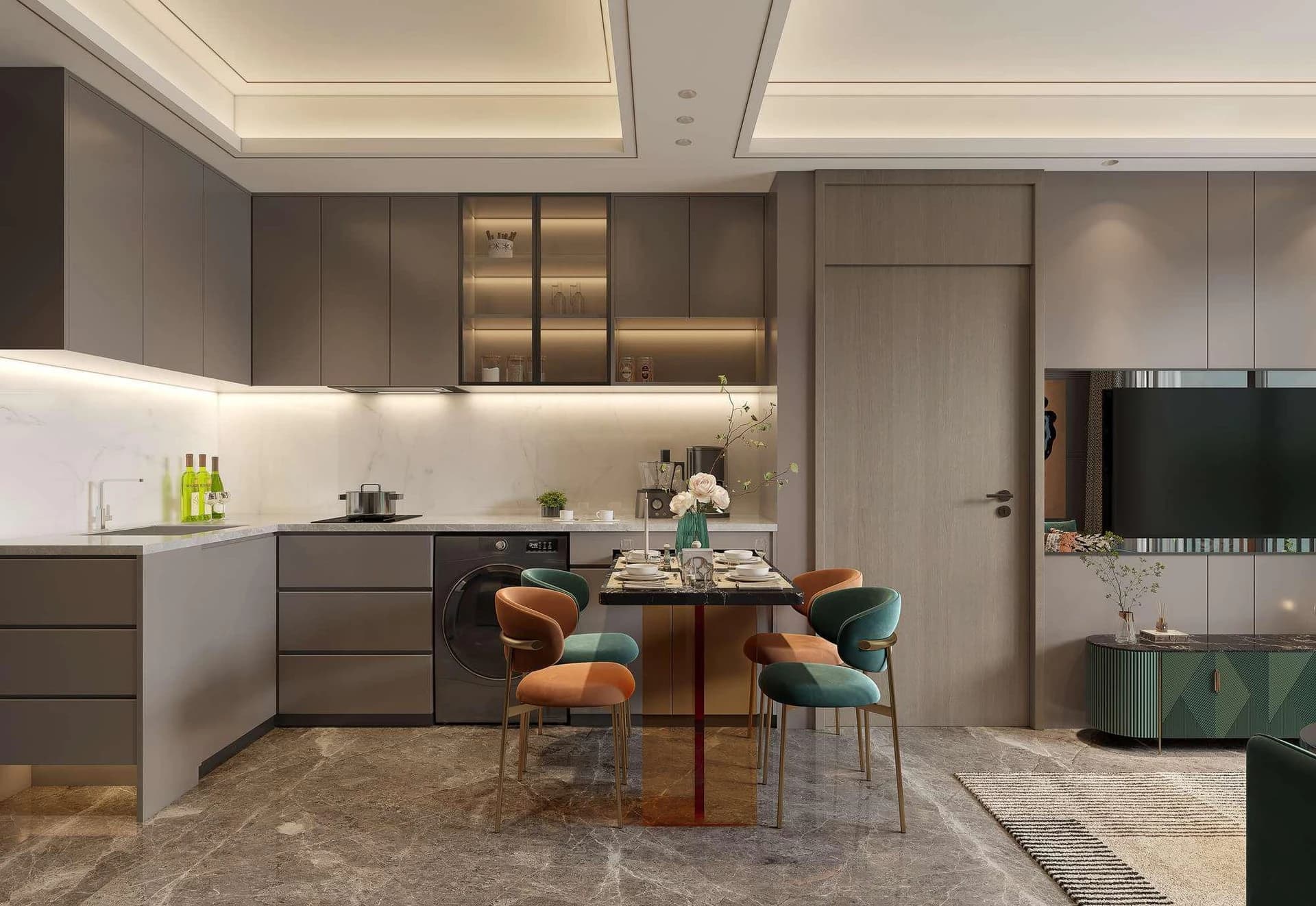Type B kitchen and dining: an L-shaped kitchen with the washing machine and a table for four