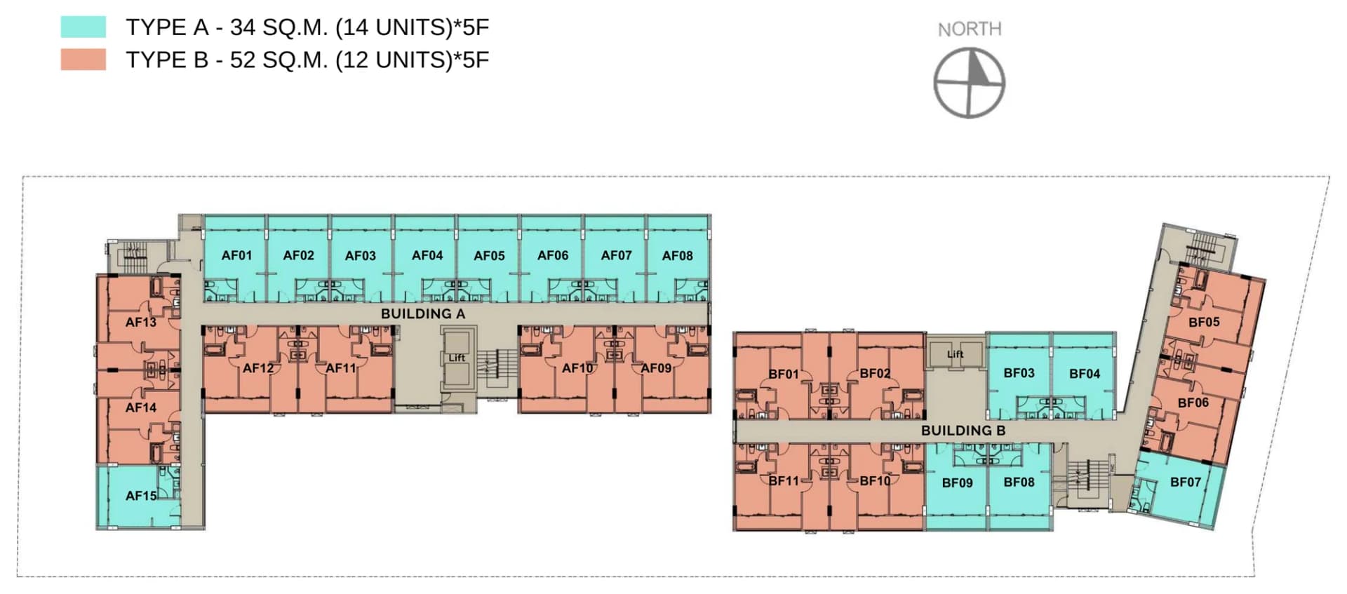 Floors 3–7, typical: 14 Type A in turquoise and 12 Type B in salmon on each floor