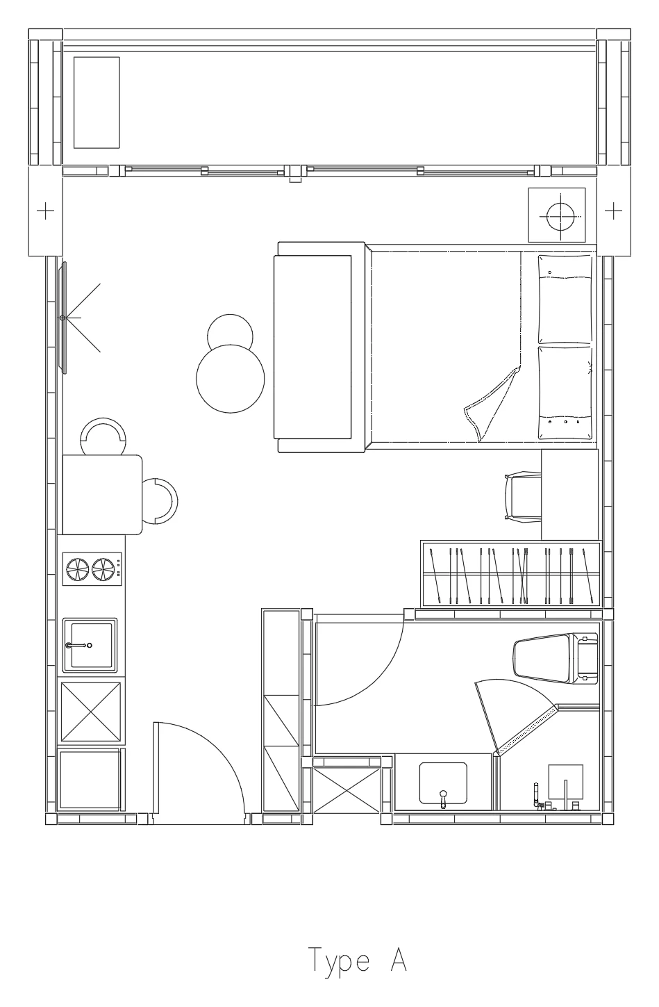Type A plan, 34 m²: one open room with the bed and sofa, galley kitchen, bathroom with a glass shower, full-width balcony