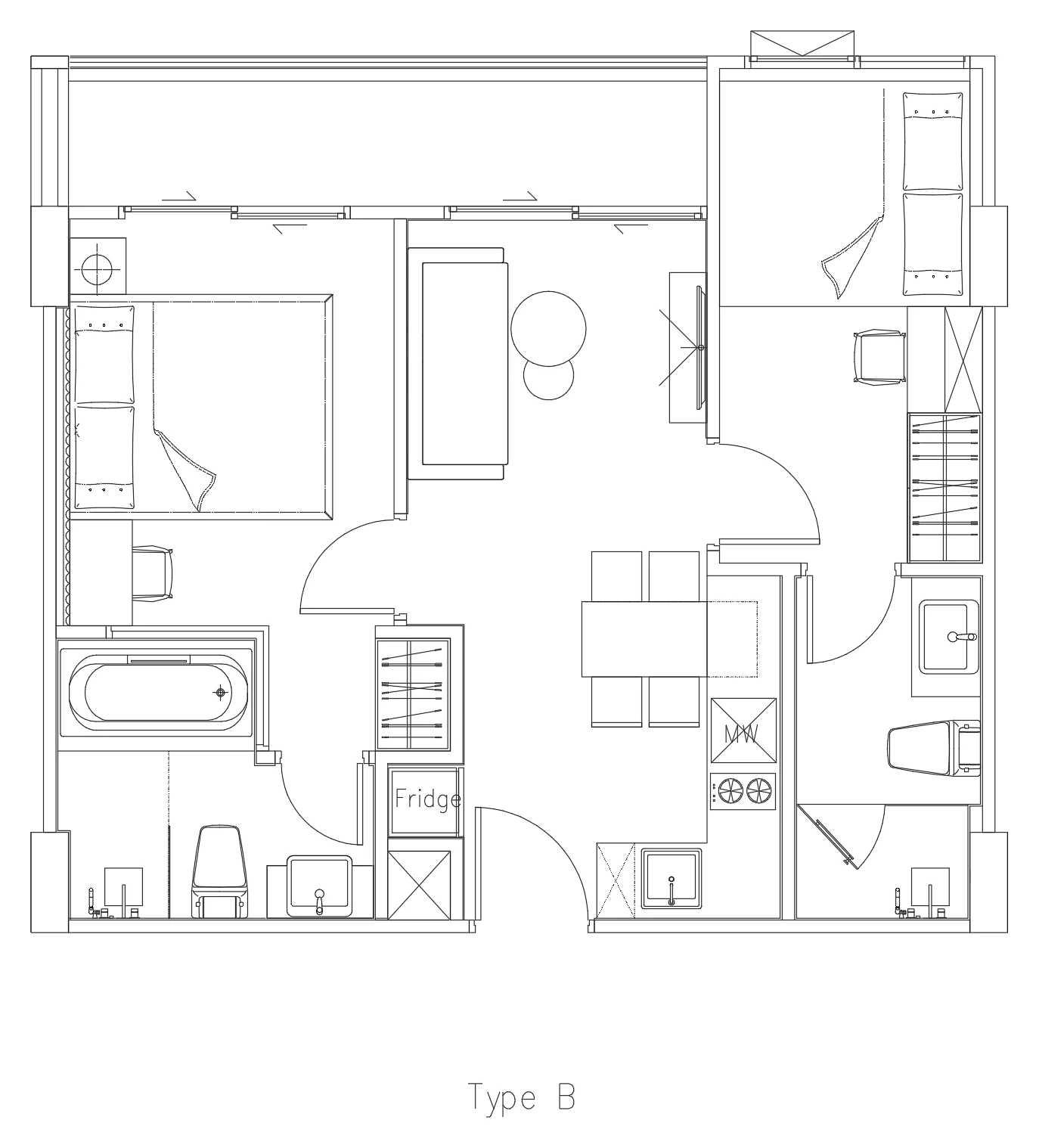 Type B plan, 52 m²: two bedrooms, living and dining with an L-shaped kitchen, a bathroom with a bathtub and a shower room, balcony