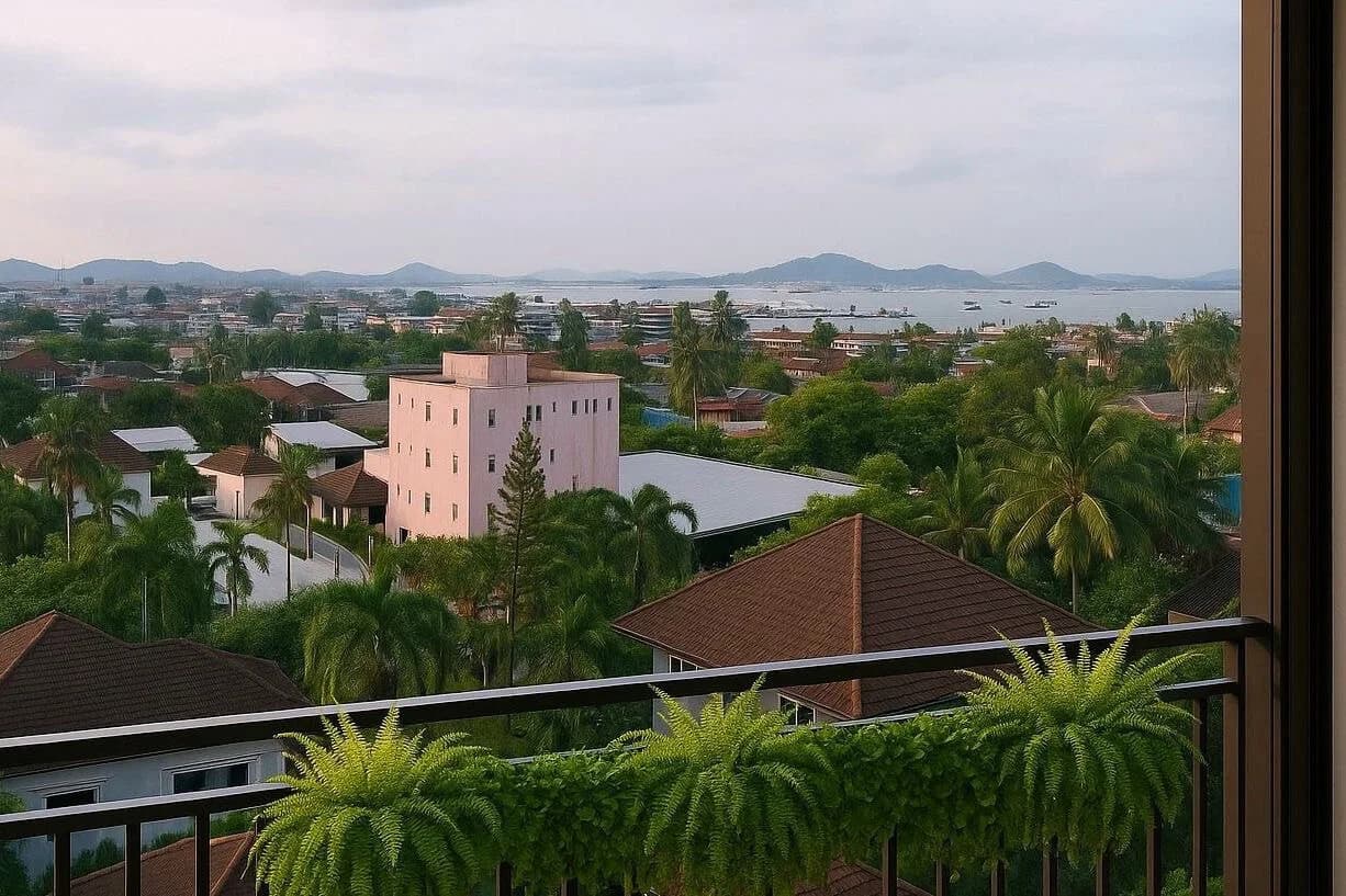 Chalong Bay side, floors 5–8: villas and palms below, the bay and its islands on the horizon